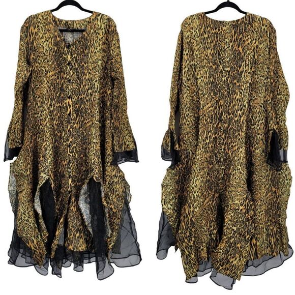 Jerry T Crinkle Stretch Handkerchief Midi Dress 2X Gold Black Leopard Witchy - Picture 1 of 13